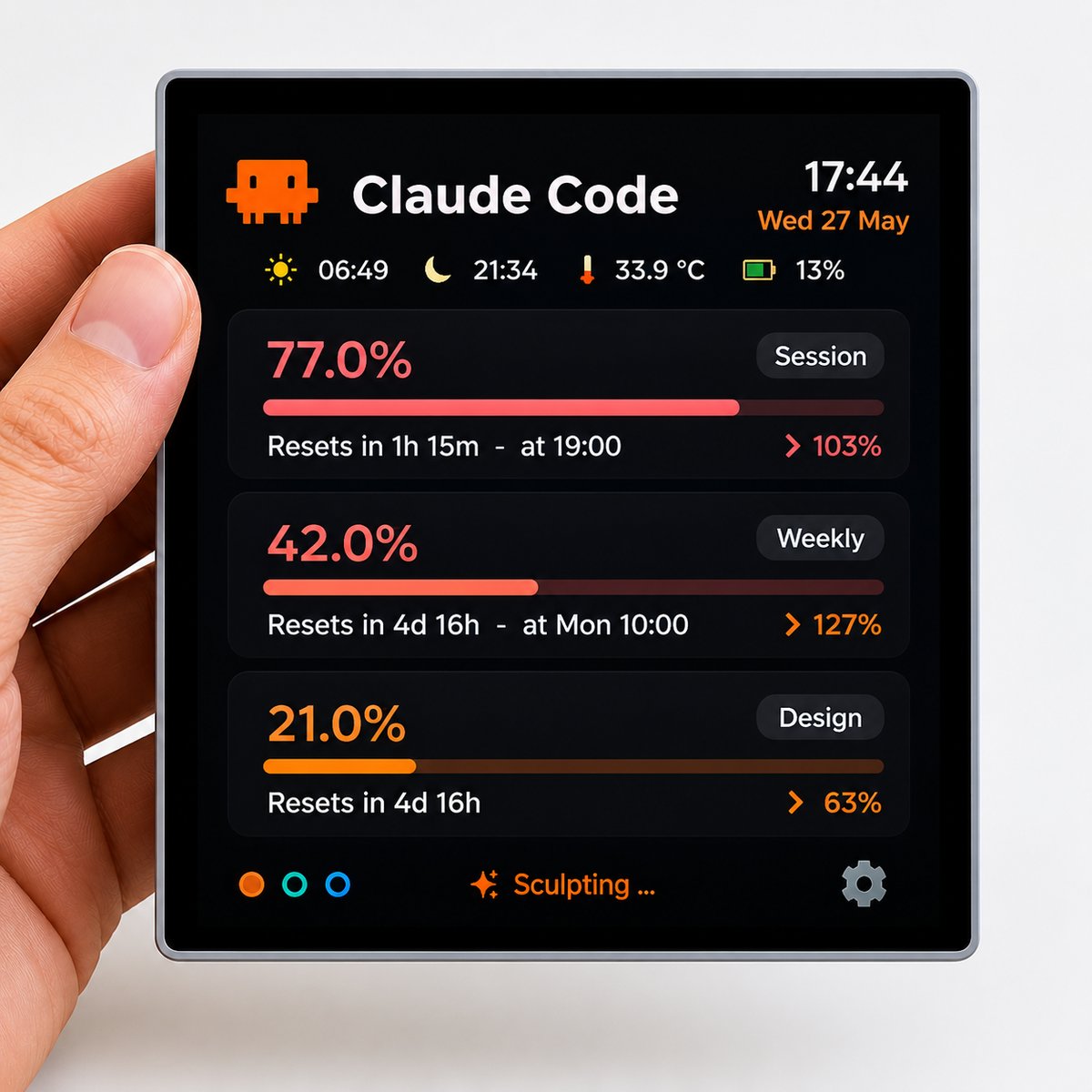 C Wall Monitor — 4-inch desk display in hand, showing Claude Code usage